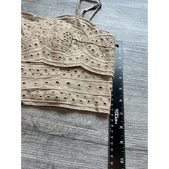 NWT Jason Wu Women Spaghetti Strap Linen Eyelet Smocked Crop Top Sand NWOT Sz 6 - Picture 6 of 8